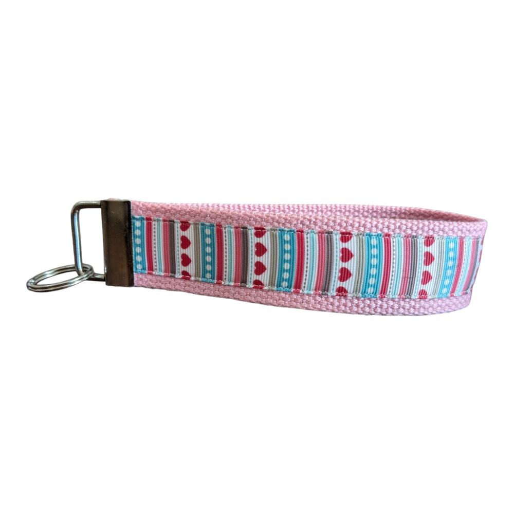 Heart Striped Keychain Wristlet Handmade Fabric Key FOB Gift Patchwork Valentine